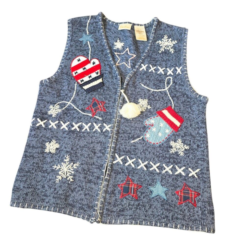 Bobbie Brooks Womens Blue Knitted Full Zip Vest Christmas Themed Size Medium
